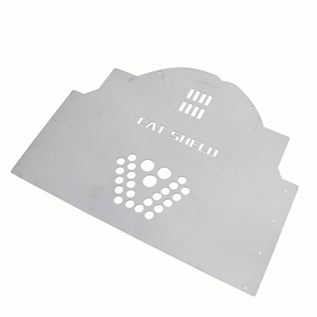 Metal catalytic converter cat shield with CAT SHELLI text and perforated emblem