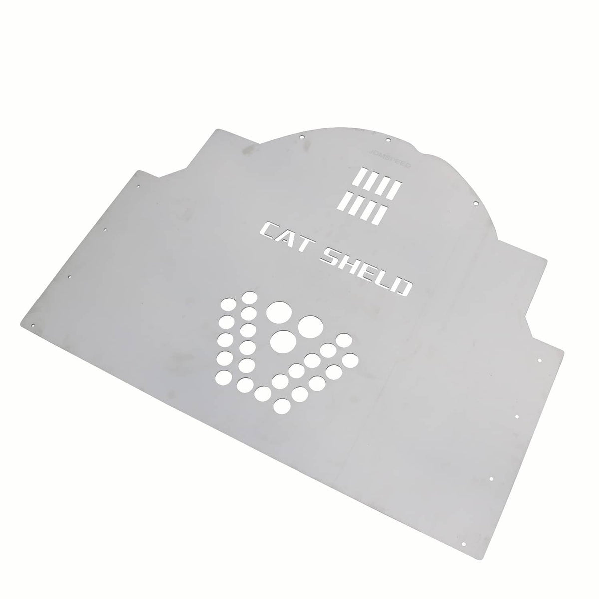 Metal catalytic converter cat shield with CAT SHELLI text and perforated emblem