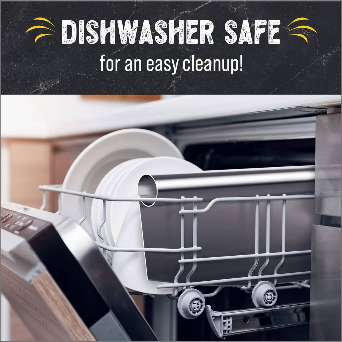 Dishwasher-safe stainless pizza rocker cutter with blade in rack
