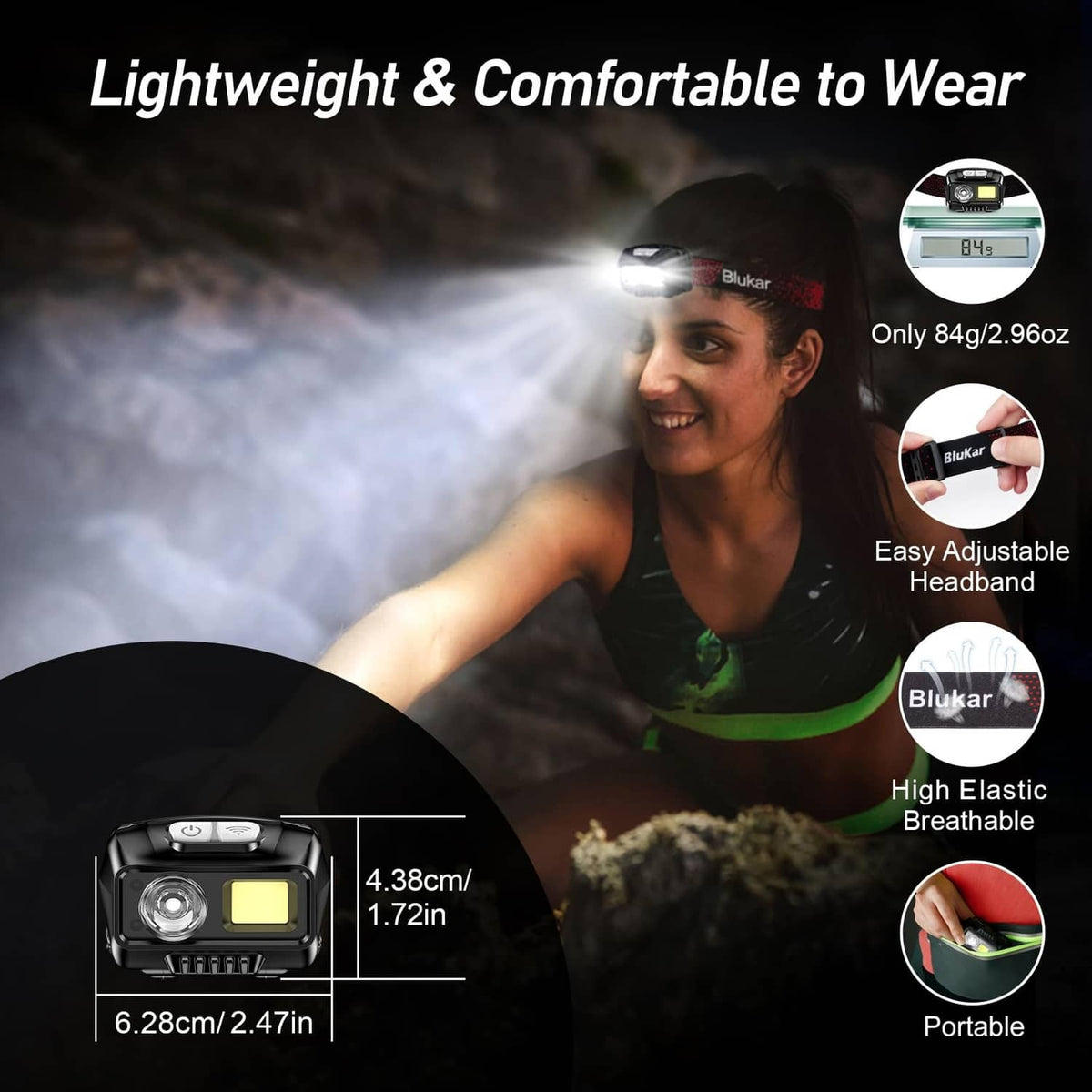 Lightweight rechargeable LED headlamp with adjustable elastic strap and control button