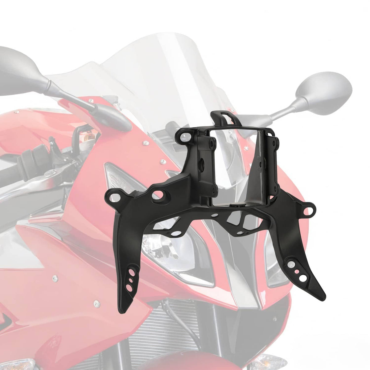 Black upper fairing stay bracket mounted on motorcycle front fairing area