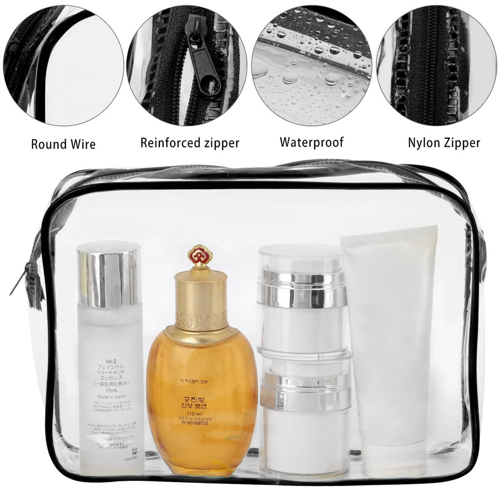Clear cosmetic bag details: reinforced zipper, waterproof, nylon zipper on black trim