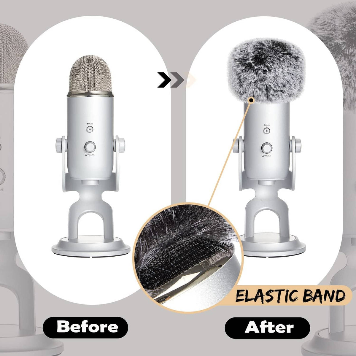 Grey furry microphone windscreen with elastic band detail for desktop mic