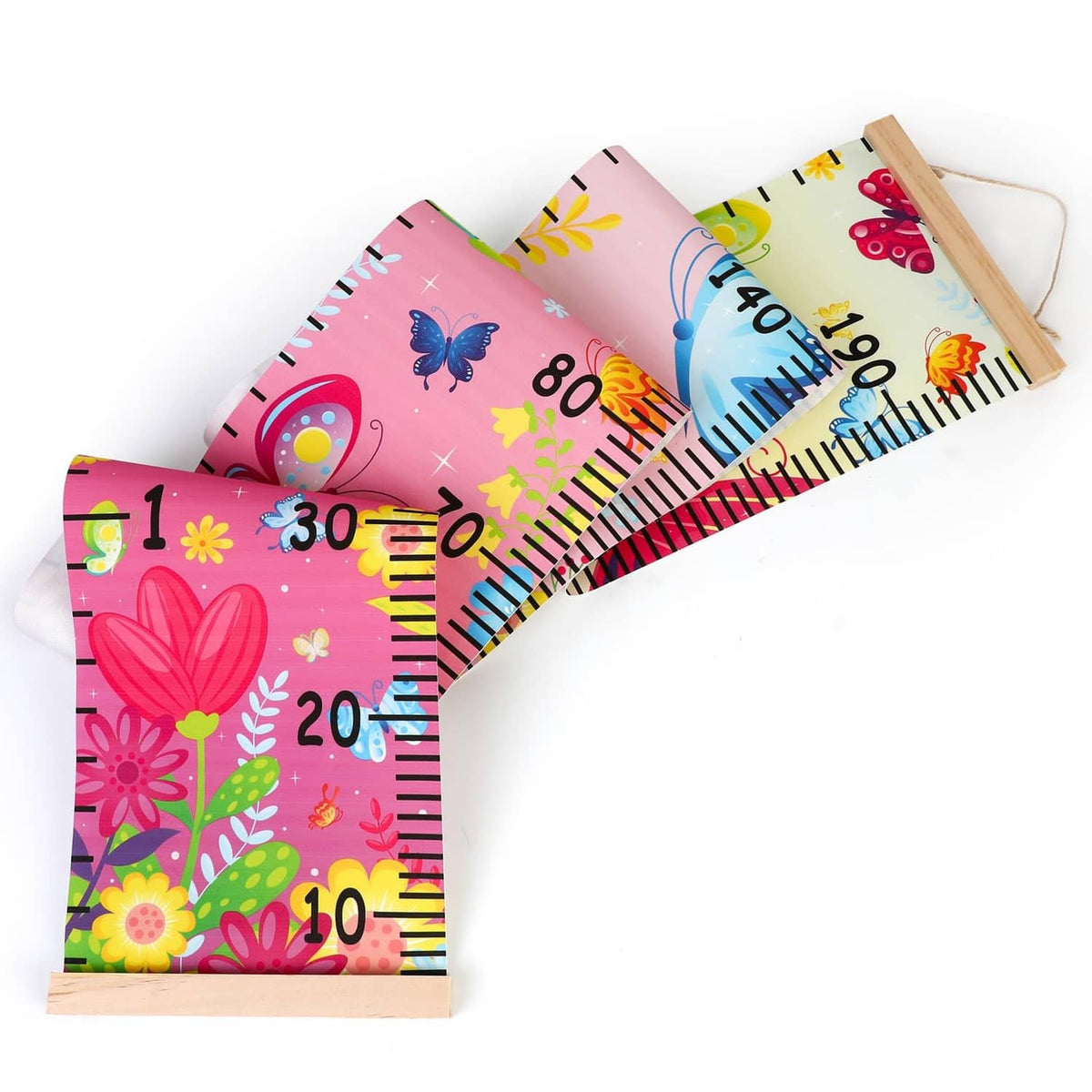 Folded kids growth chart with butterfly canvas, cm numbers, and wooden top bar