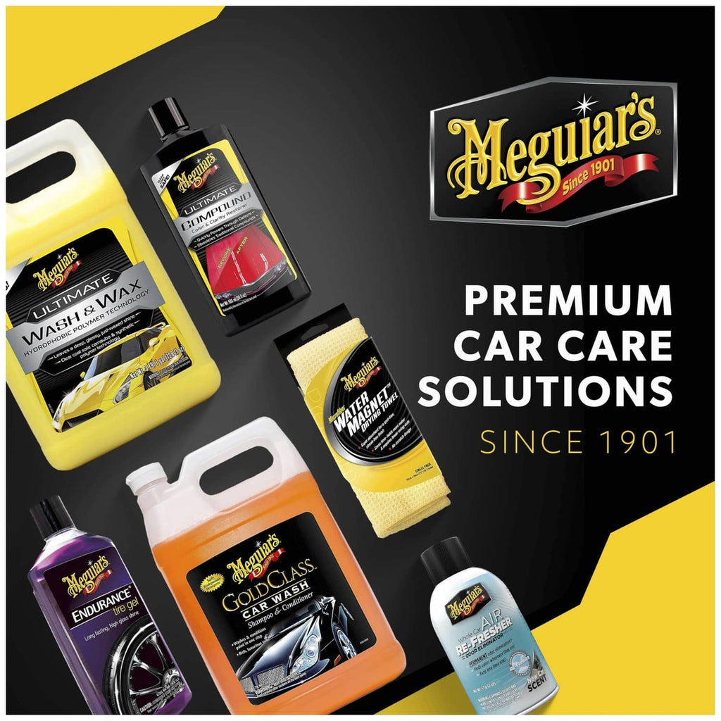 Meguiar’s premium car care assortment featuring a purple Endurance tire gel bottle