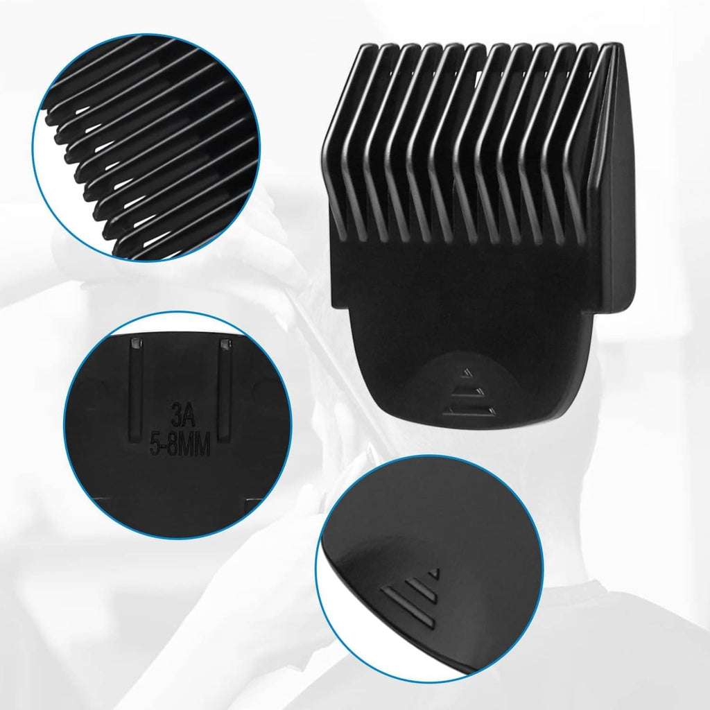 Black trimmer comb guard with closely spaced teeth and curved base