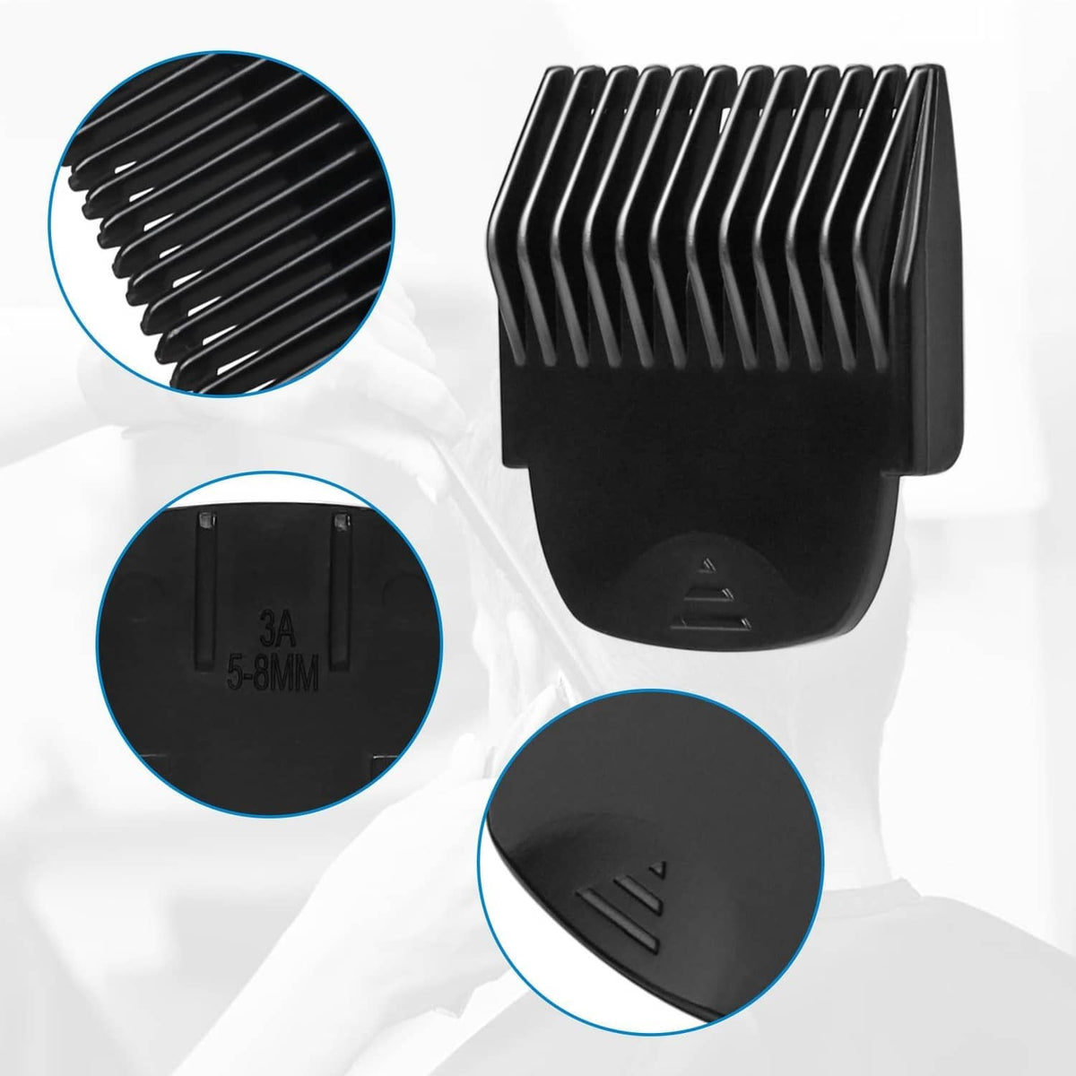 Black trimmer comb guard with closely spaced teeth and curved base