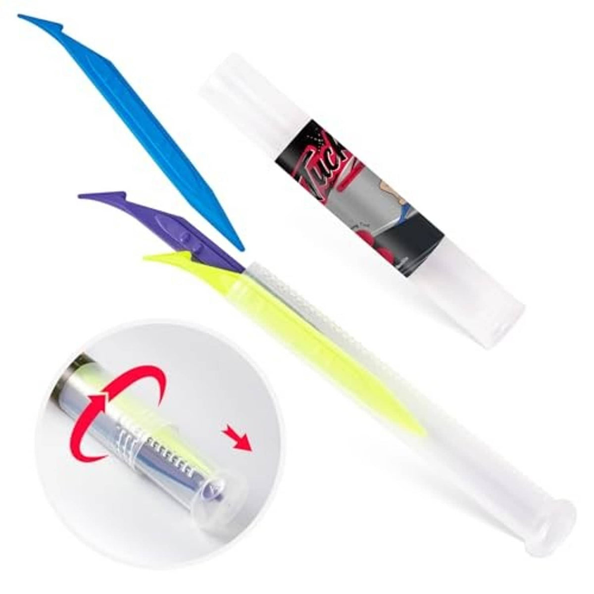 Vinyl wrap tucking tool kit with three colored double-edge tools and dispenser tube