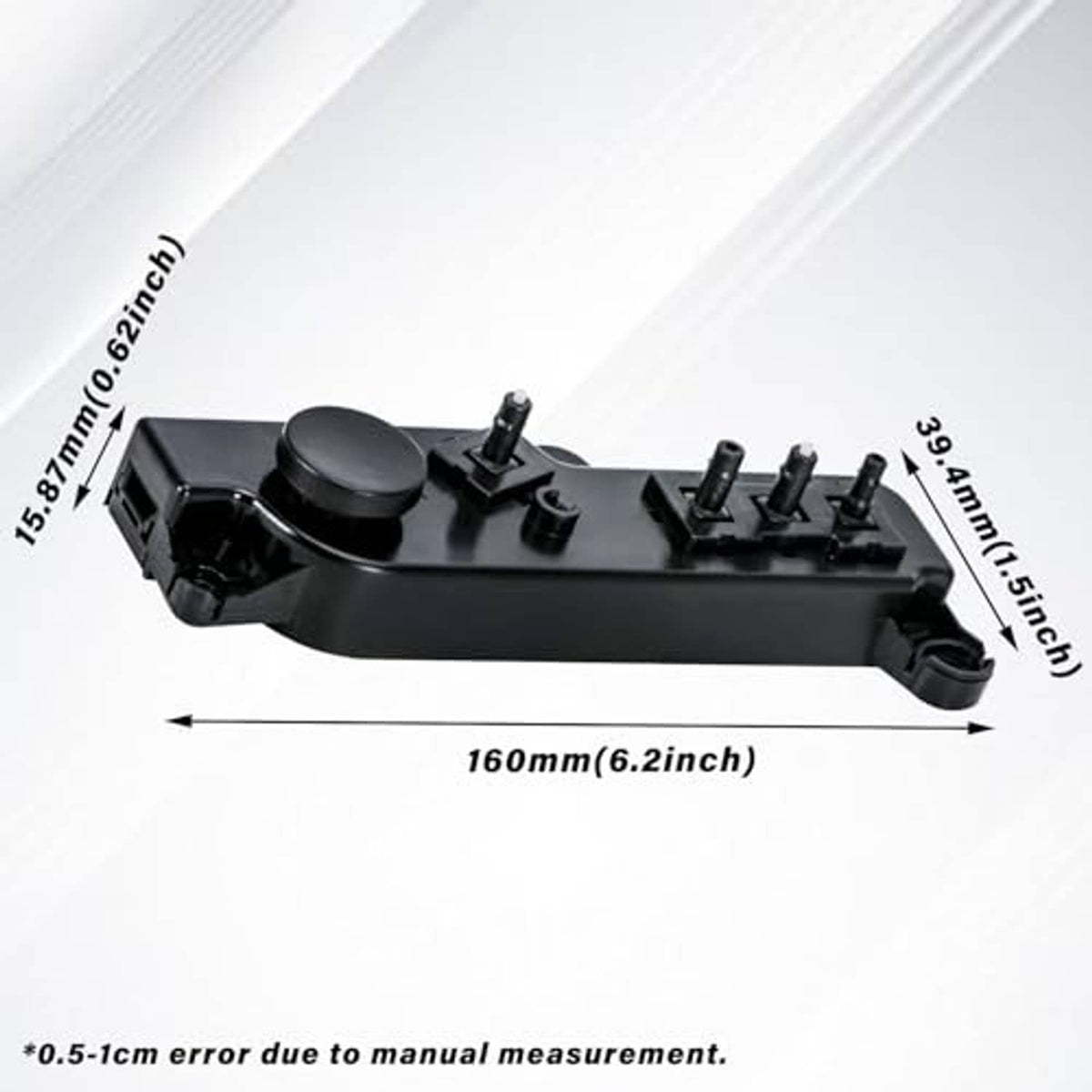 Black power seat switch control, side view with measurement dimensions shown