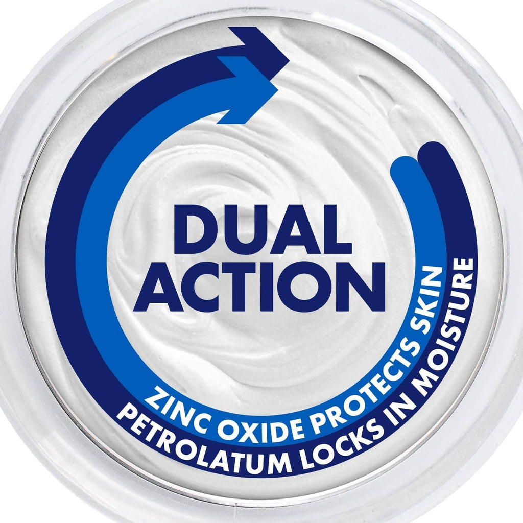 Dual Action zinc oxide moisture lock protective barrier label on cream seal.