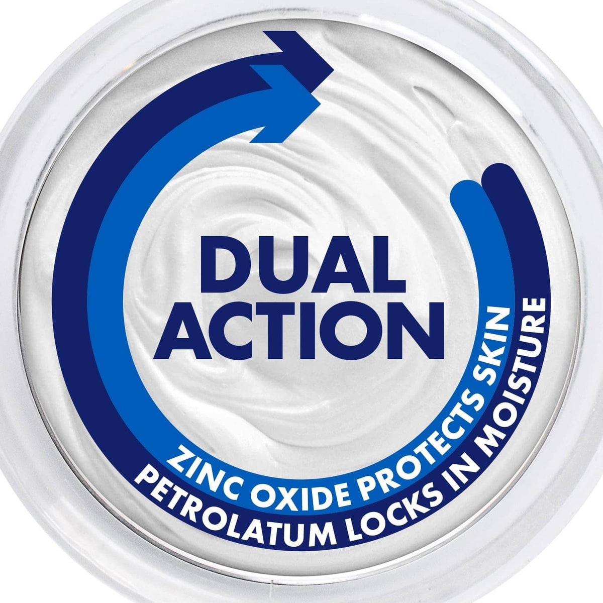 Dual Action zinc oxide moisture lock protective barrier label on cream seal.