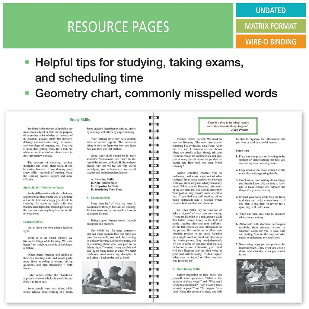 Student planner resource pages with study tips and geometry chart, wire-o binding