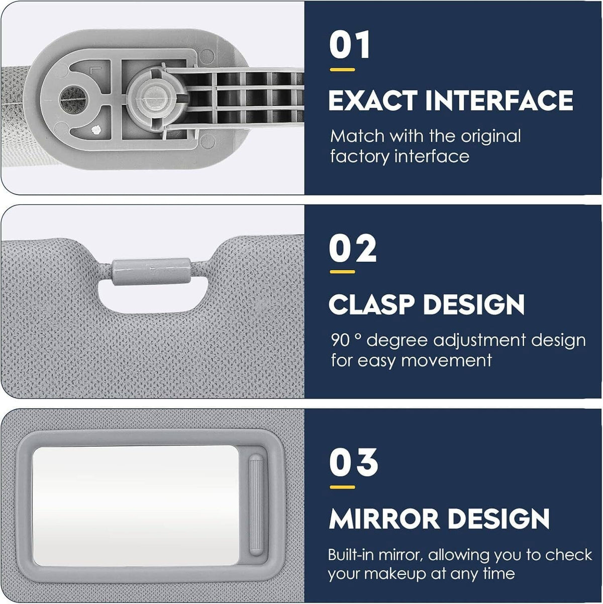 Gray sun visor with mirror window, underside hinge and mounting clasp detail