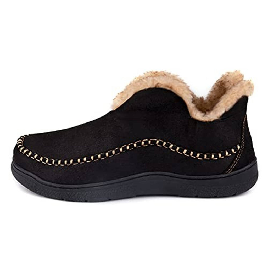 Men’s black moccasin bootie slippers with tan faux-shearling collar and braided stitching