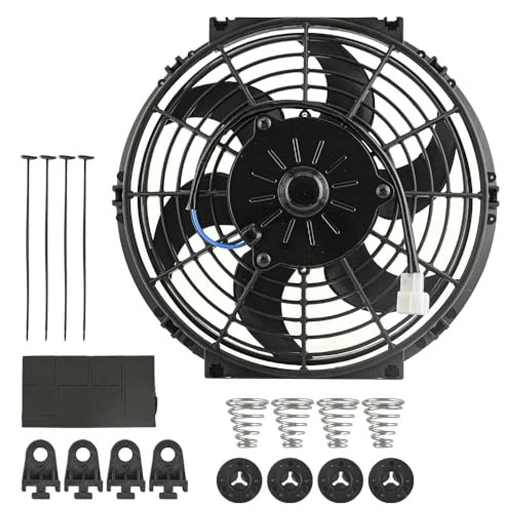 10-inch radiator cooling fan kit with black grille and center motor hub, power plug attached