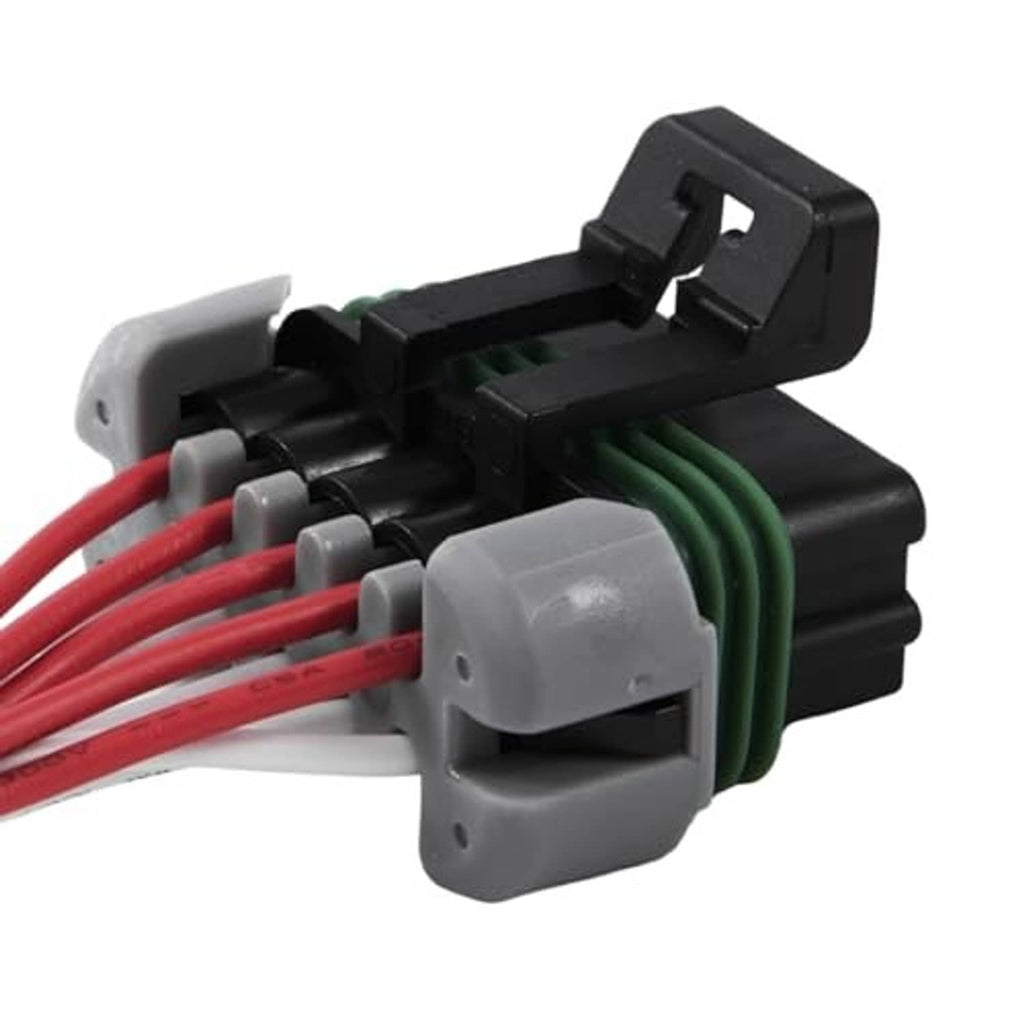 Auto headlight connector pigtail, black housing with gray latch, red and green wire terminals