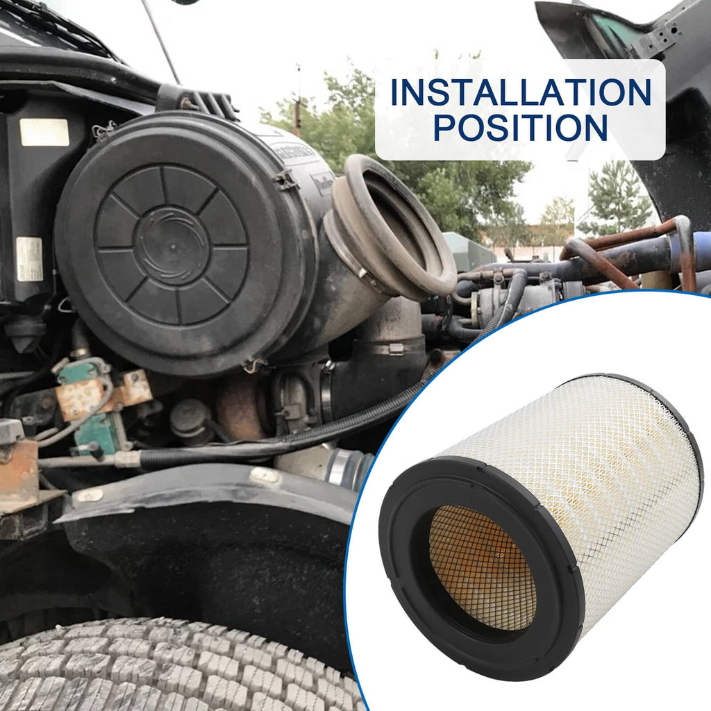 Engine air filter shown near engine intake, black cap and pleated white media