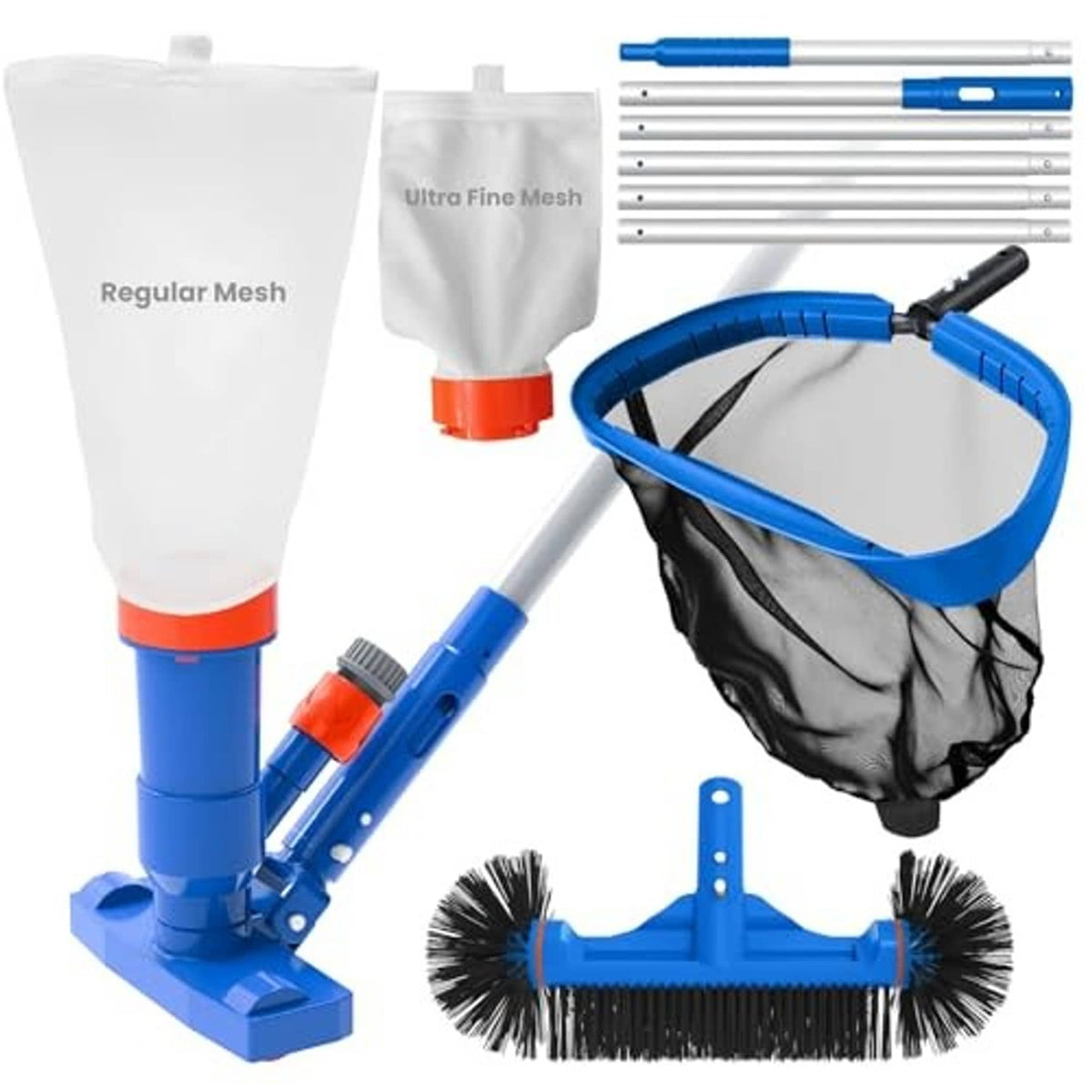 Pool cleaning vacuum kit with dual mesh bags, blue leaf net, and pool brush head