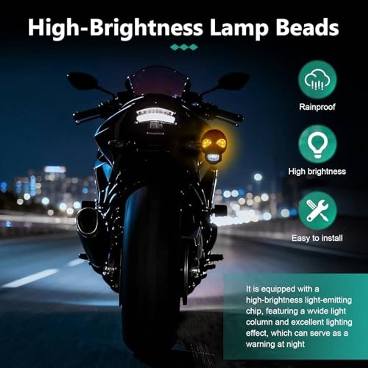 Black motorcycle LED turn signal lights with amber lamp beads and high-brightness design