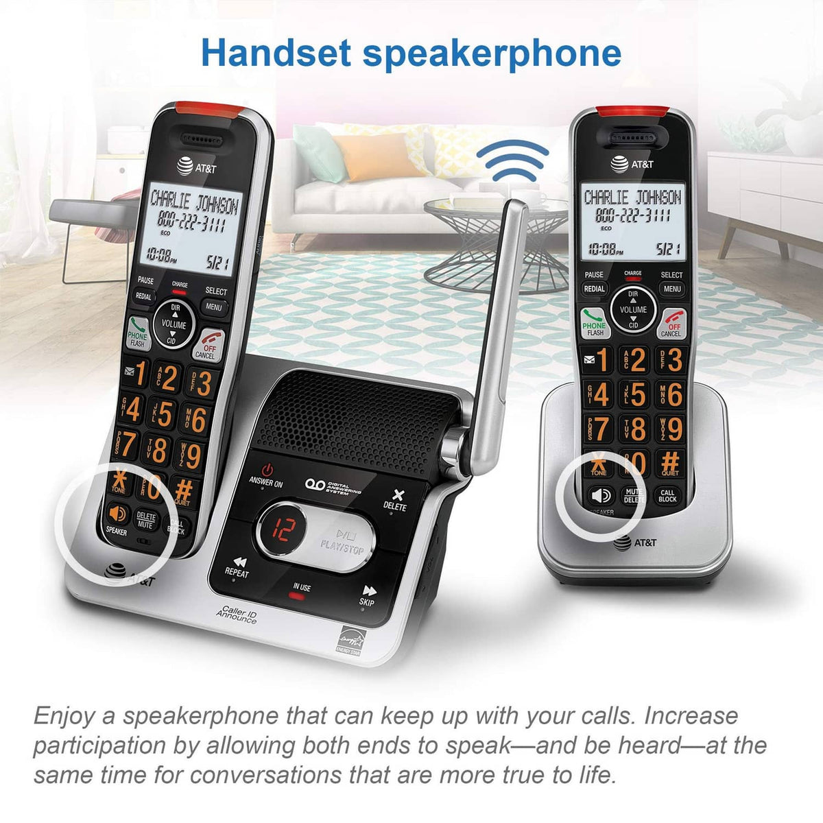 Cordless phone speakerphone base with two black-and-silver handsets and keypads