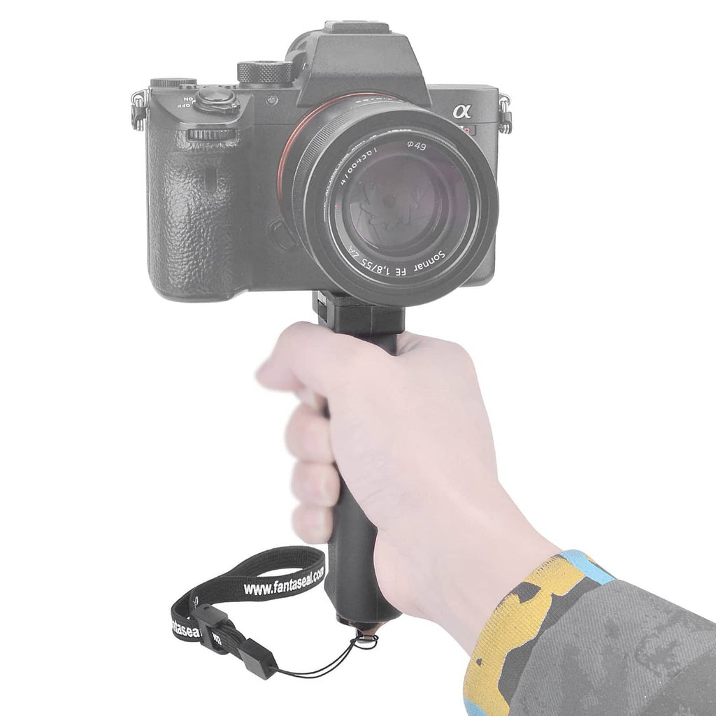 Black pistol-style camera grip with mounting base and wrist strap