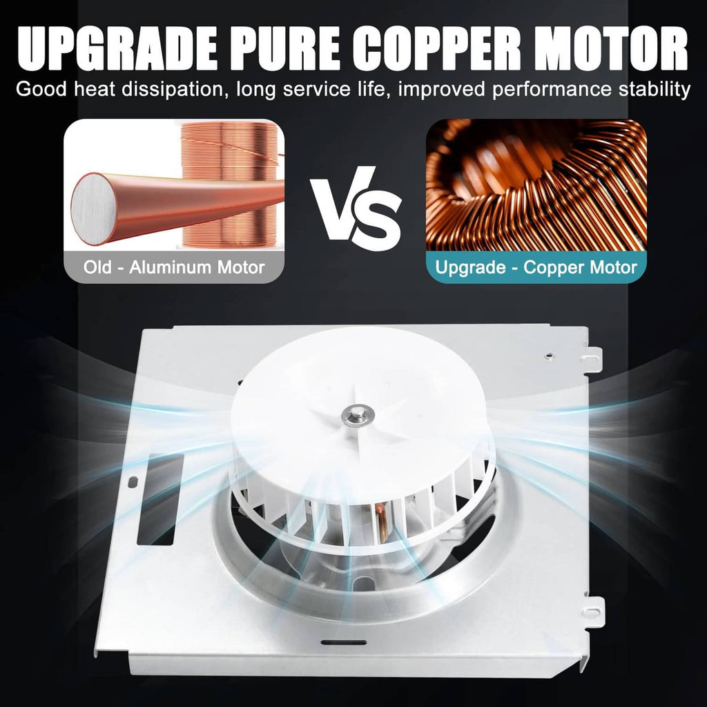 Bathroom fan motor assembly with white fan blade in housing, copper motor upgrade graphic