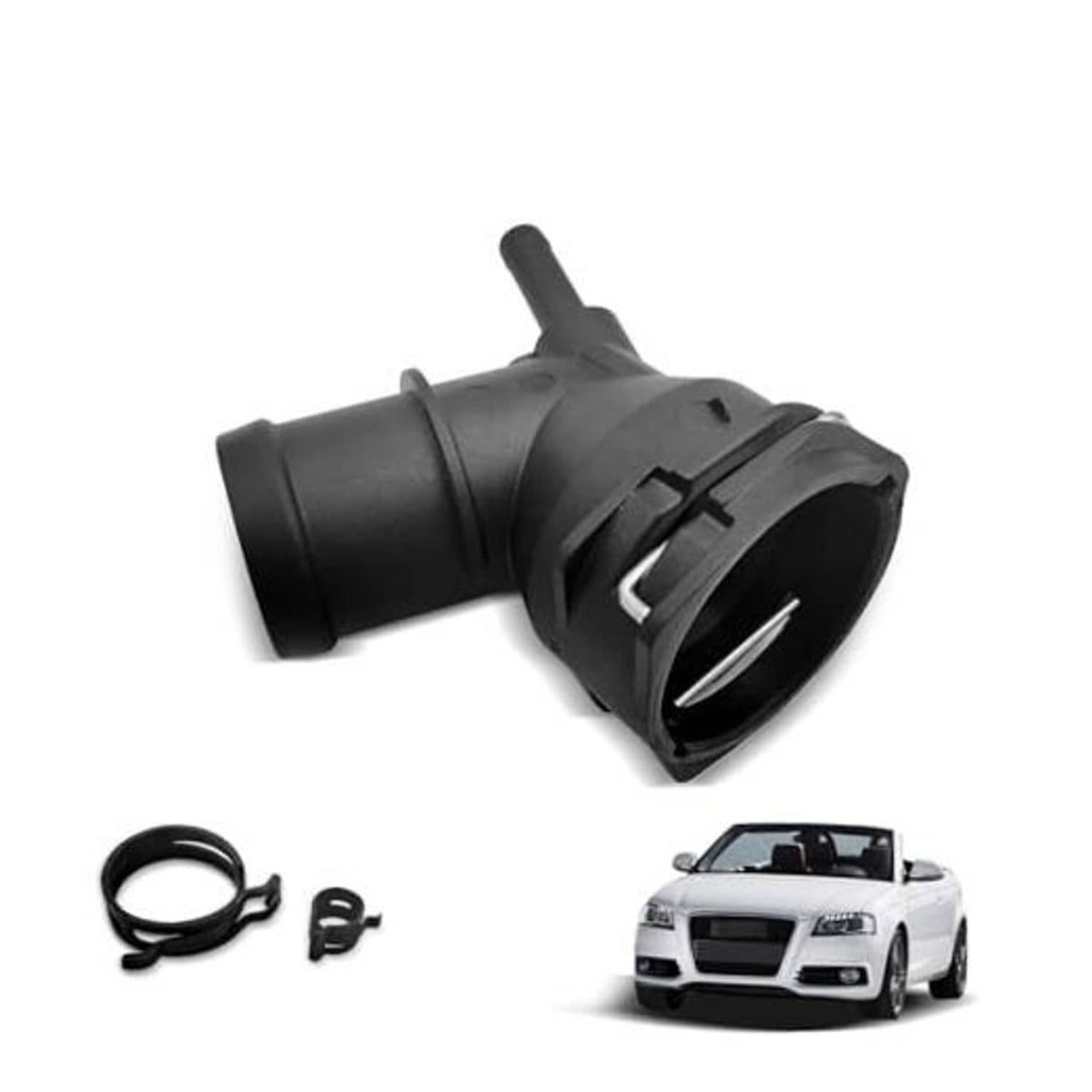 Black upper radiator coolant hose connector pipe with angled outlet