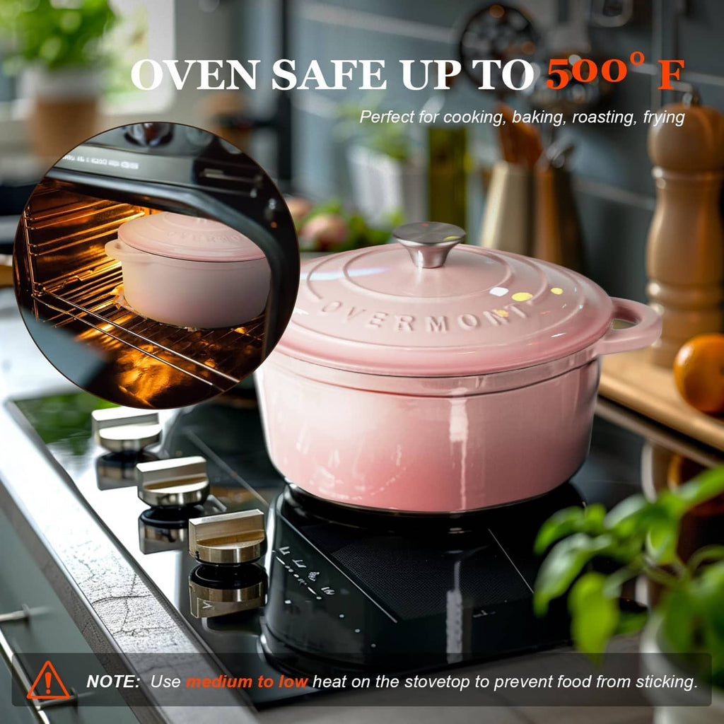 Pink enameled Dutch oven with lid on stovetop, suitable for oven use