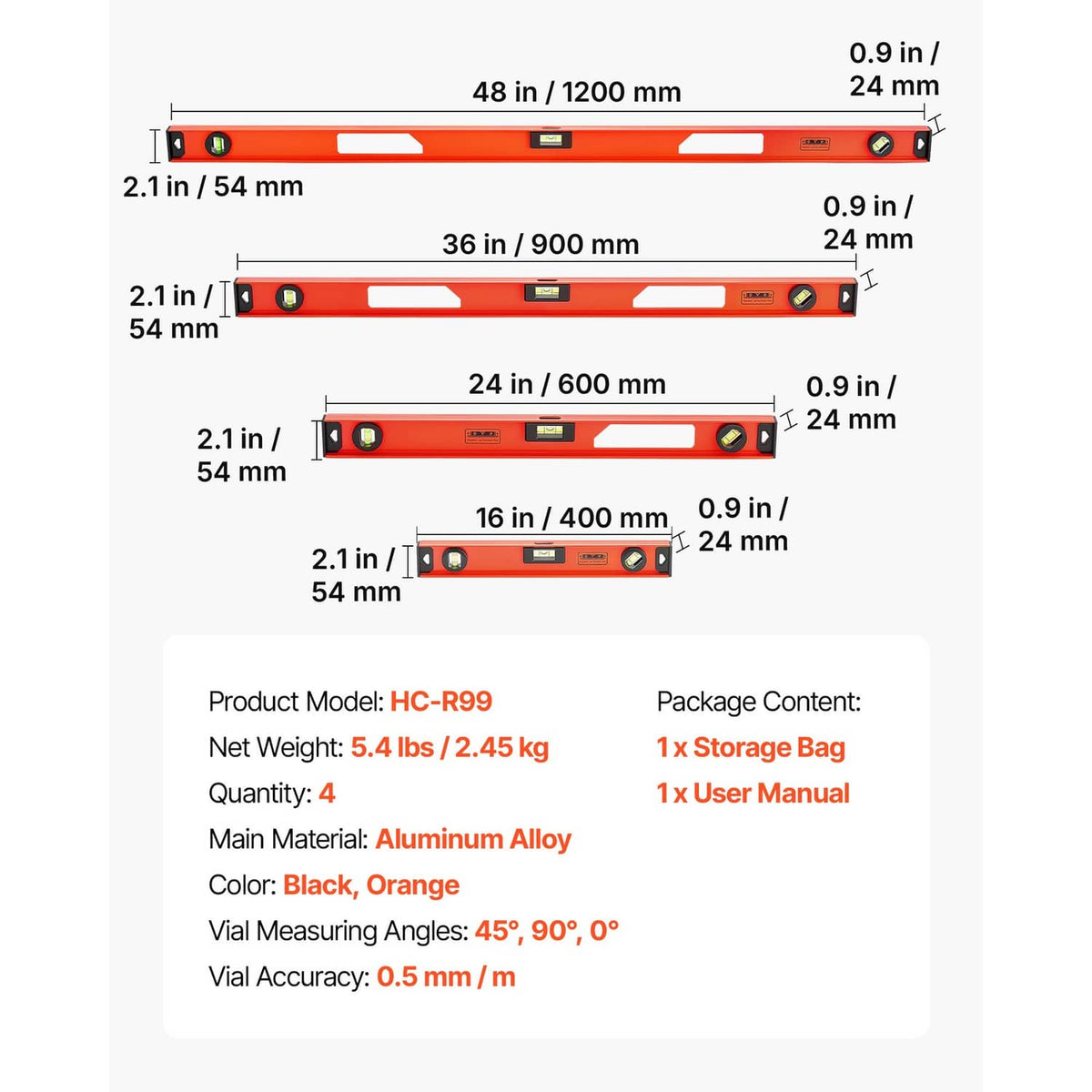 Diagram of 16, 24, 36, 48 in I-beam magnetic level set with key specs
