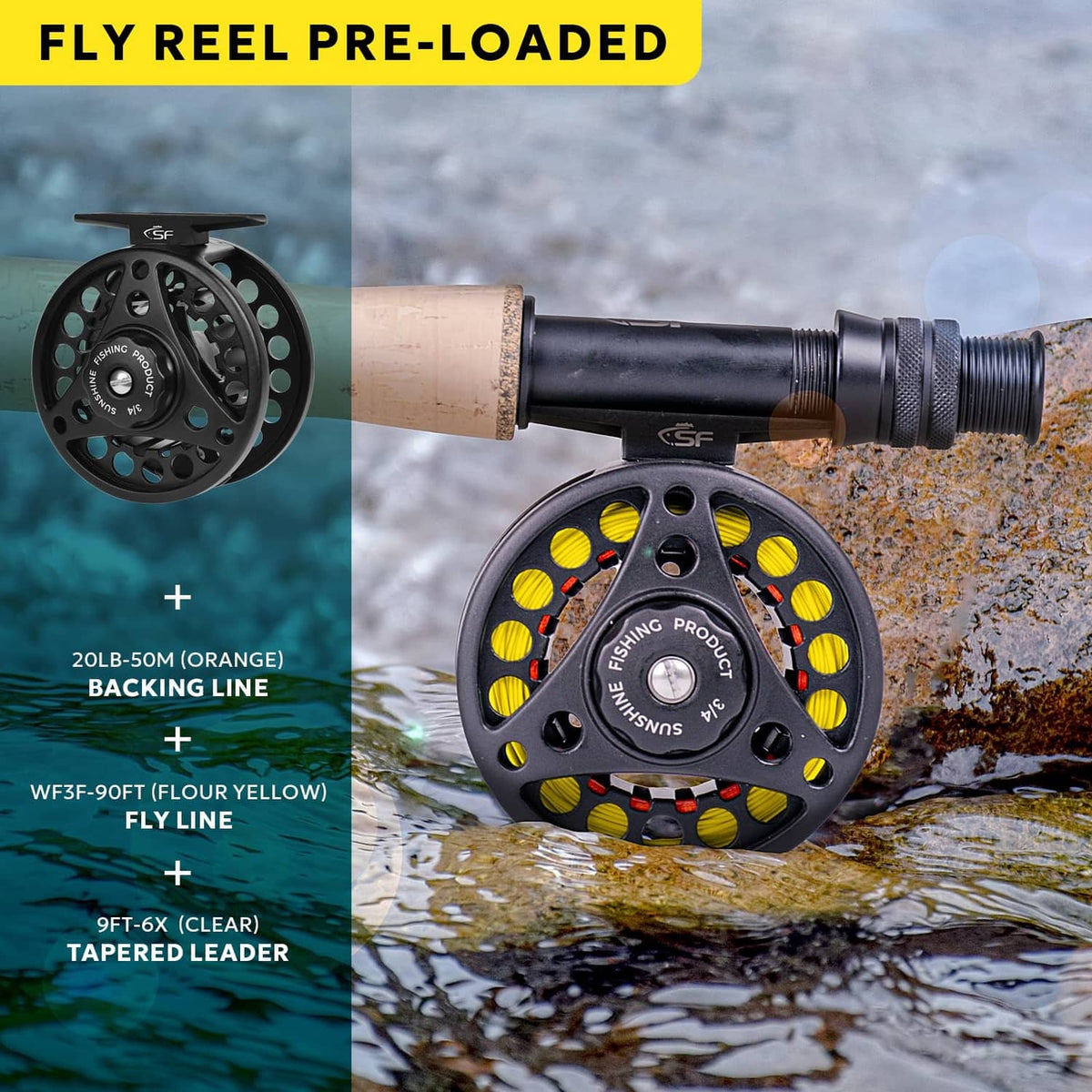 Fly fishing reel pre-loaded with fly line on green fly rod with cork handle