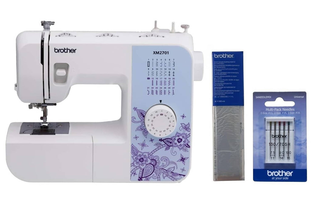 White Brother sewing machine with stitch chart; needles and stabilizer accessories shown