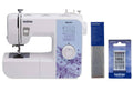 White Brother sewing machine with stitch chart; needles and stabilizer accessories shown