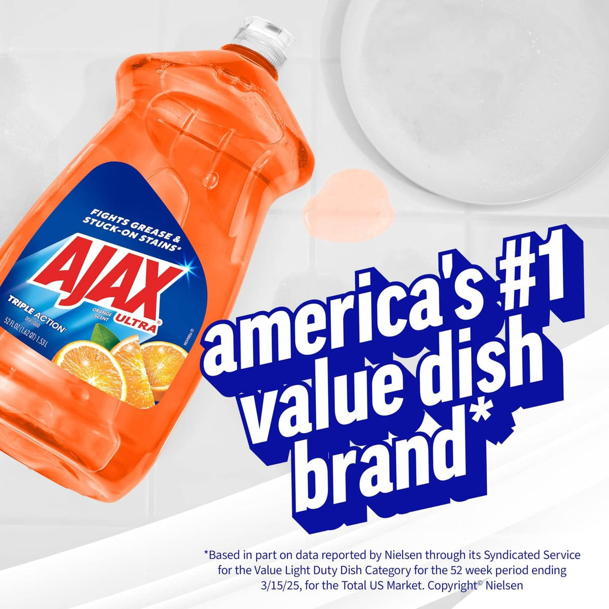 Ajax Ultra dish soap orange bottle beside a foamy bowl