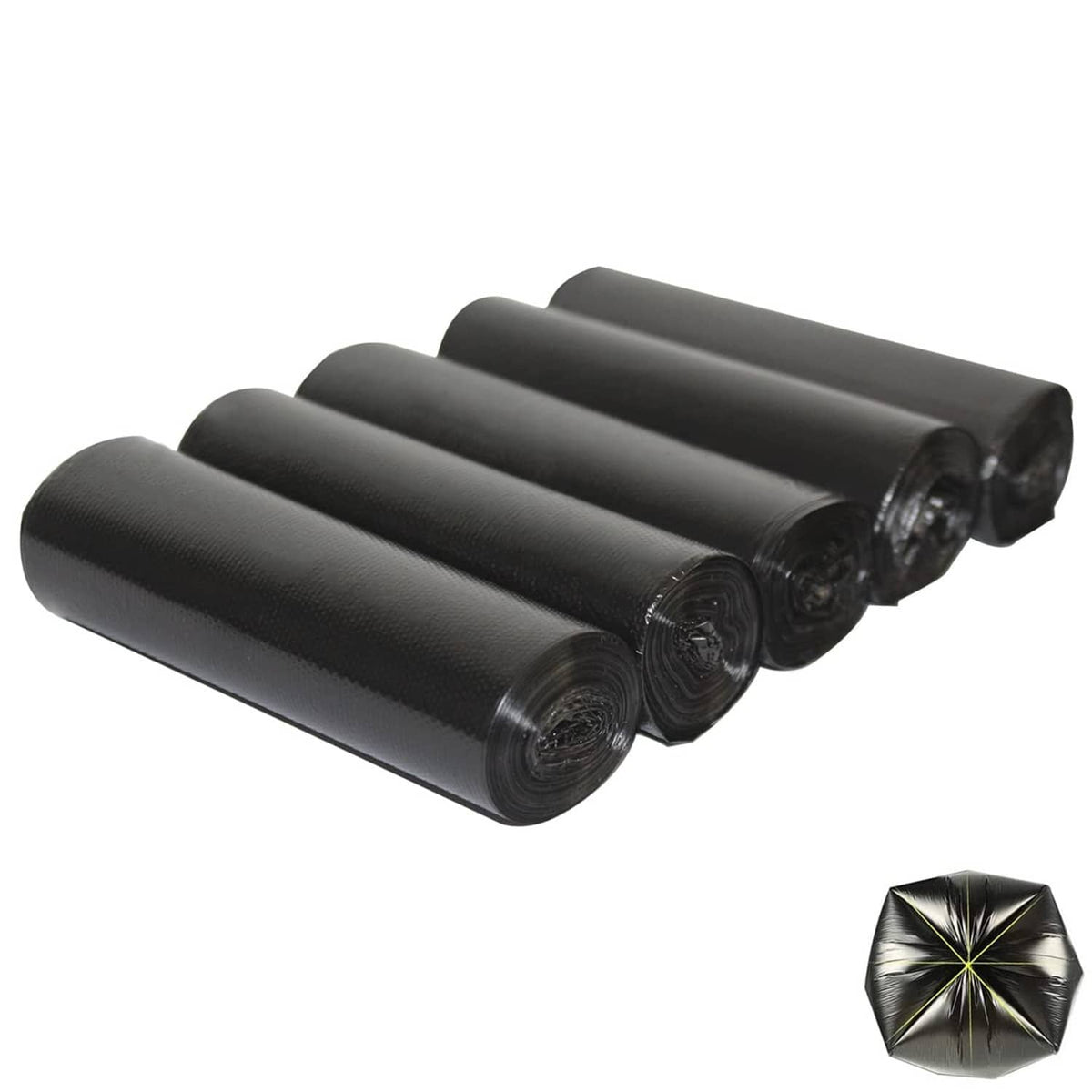 Black 4-gallon trash bags, rolled pack of small garbage liners