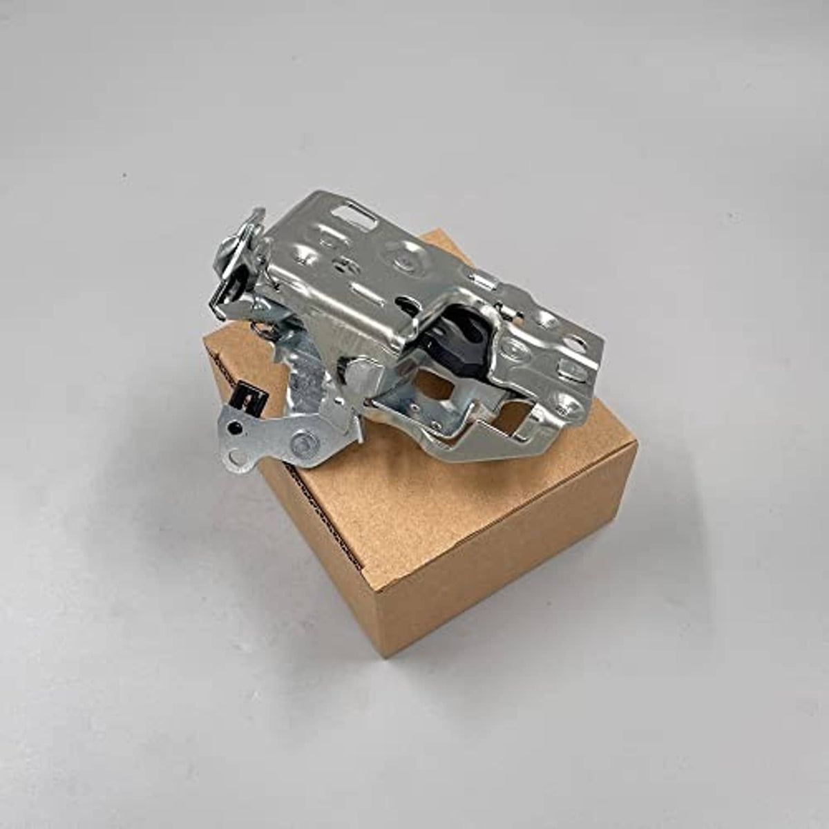 Front door latch lock mechanism, silver metal frame with mounting holes on box