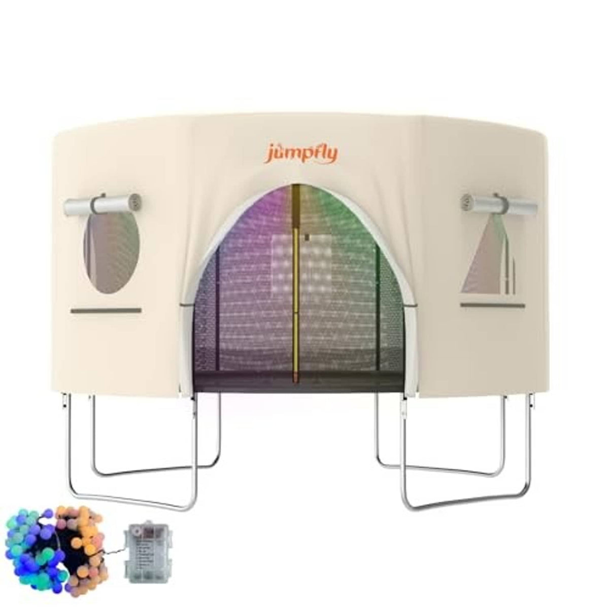 Beige trampoline tent enclosure with arched mesh front window and side support arms