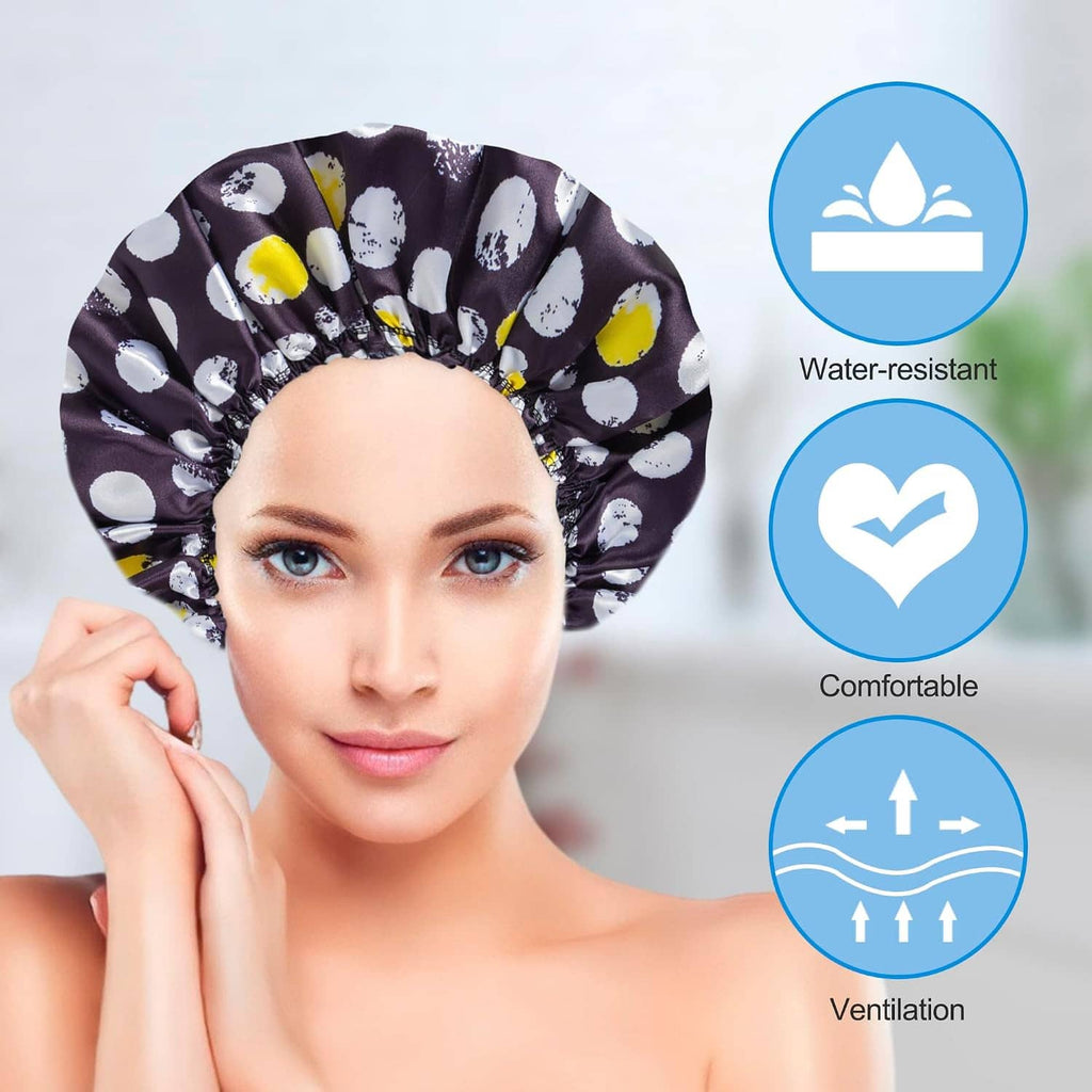 Water-resistant satin shower cap with dark purple white-and-yellow print on model, comfort