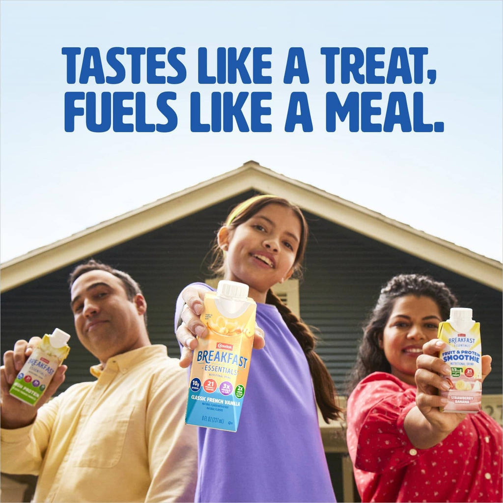 Breakfast Essentials high protein drink mix pouches held by family outdoors