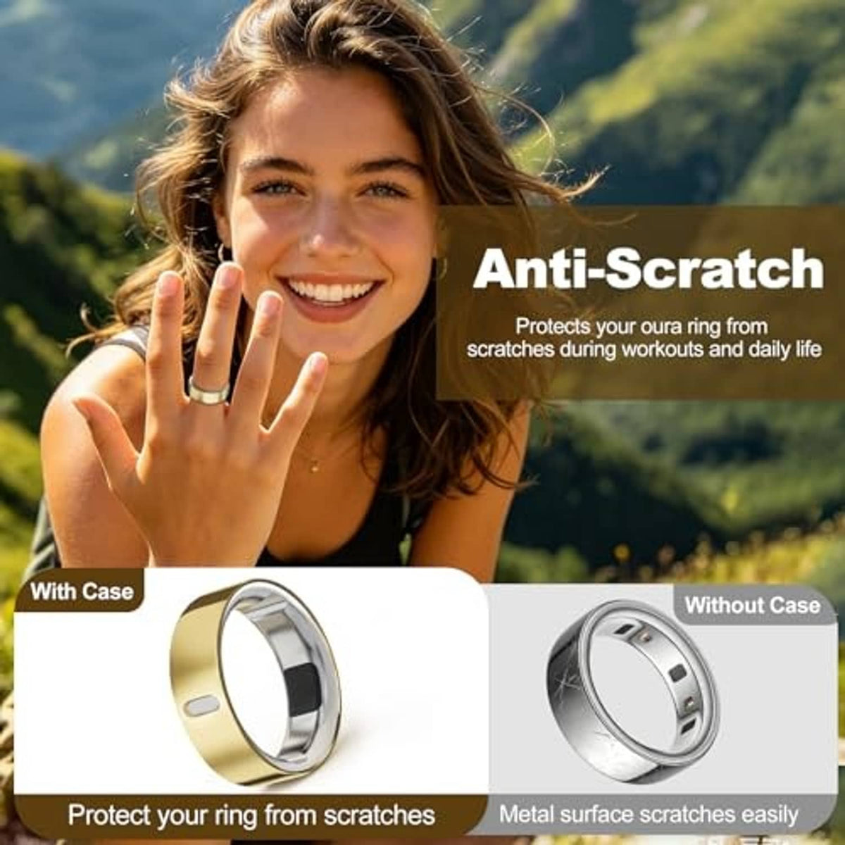 Anti-scratch TPU ring cover in a case, with gold and silver open bands.