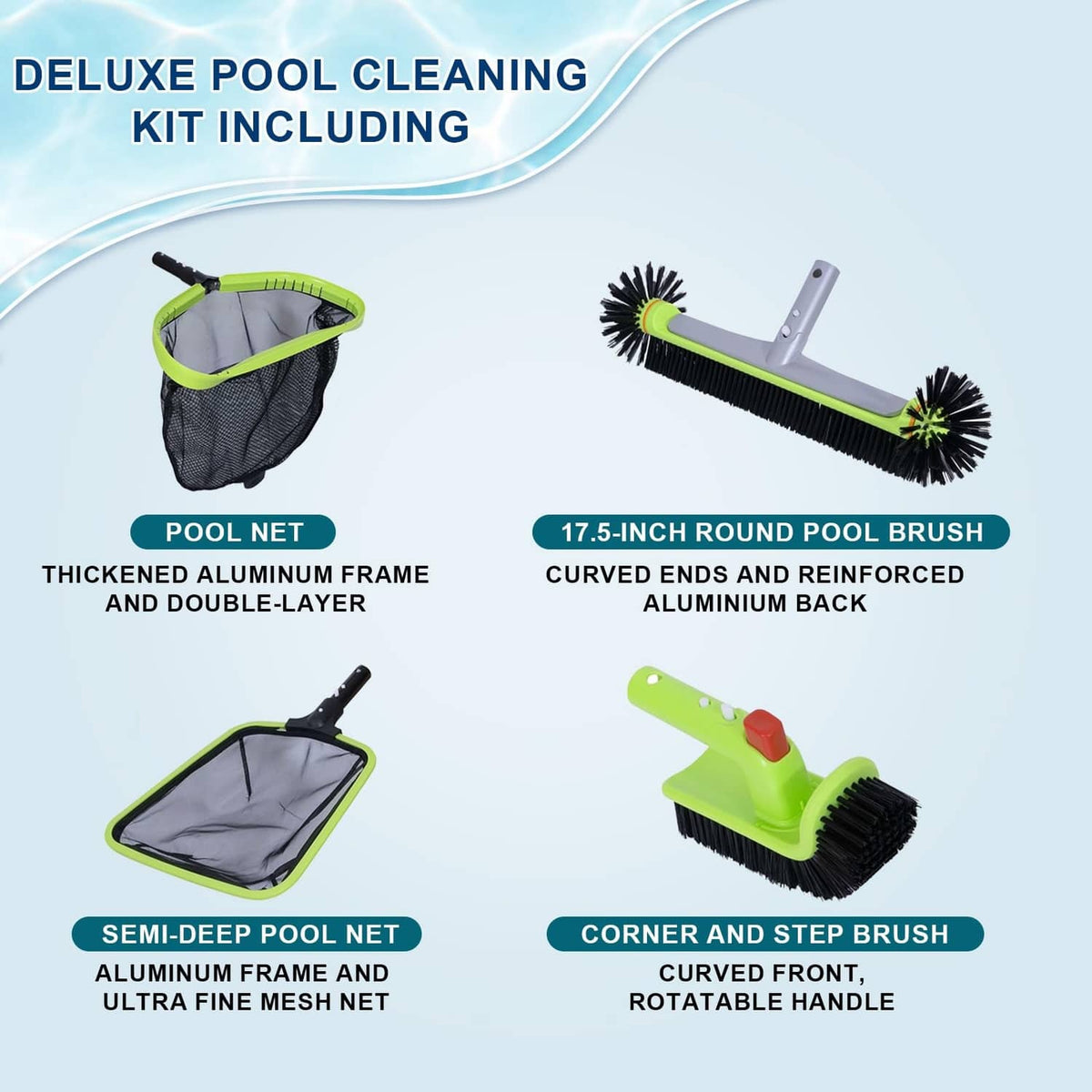 Deluxe pool cleaning kit: semi-deep net, round pool brush, and corner/step brush