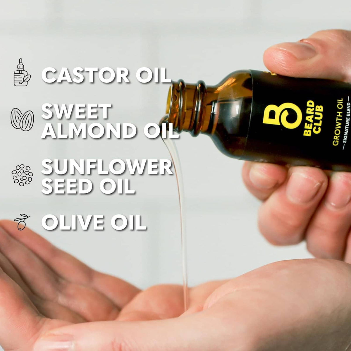 Beard Club beard growth oil bottle pouring oil onto hands