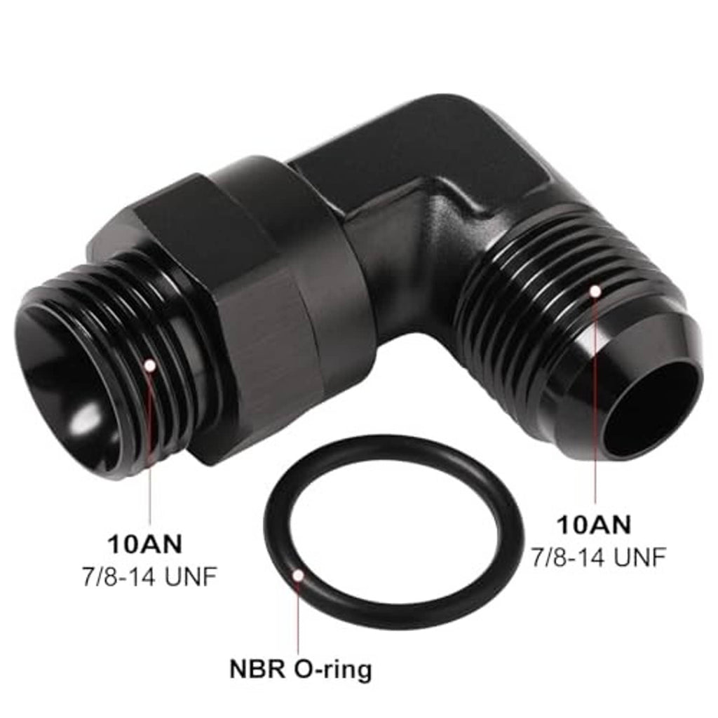 Black 90-degree AN ORB elbow fitting with NBR O-ring, two male threaded ports