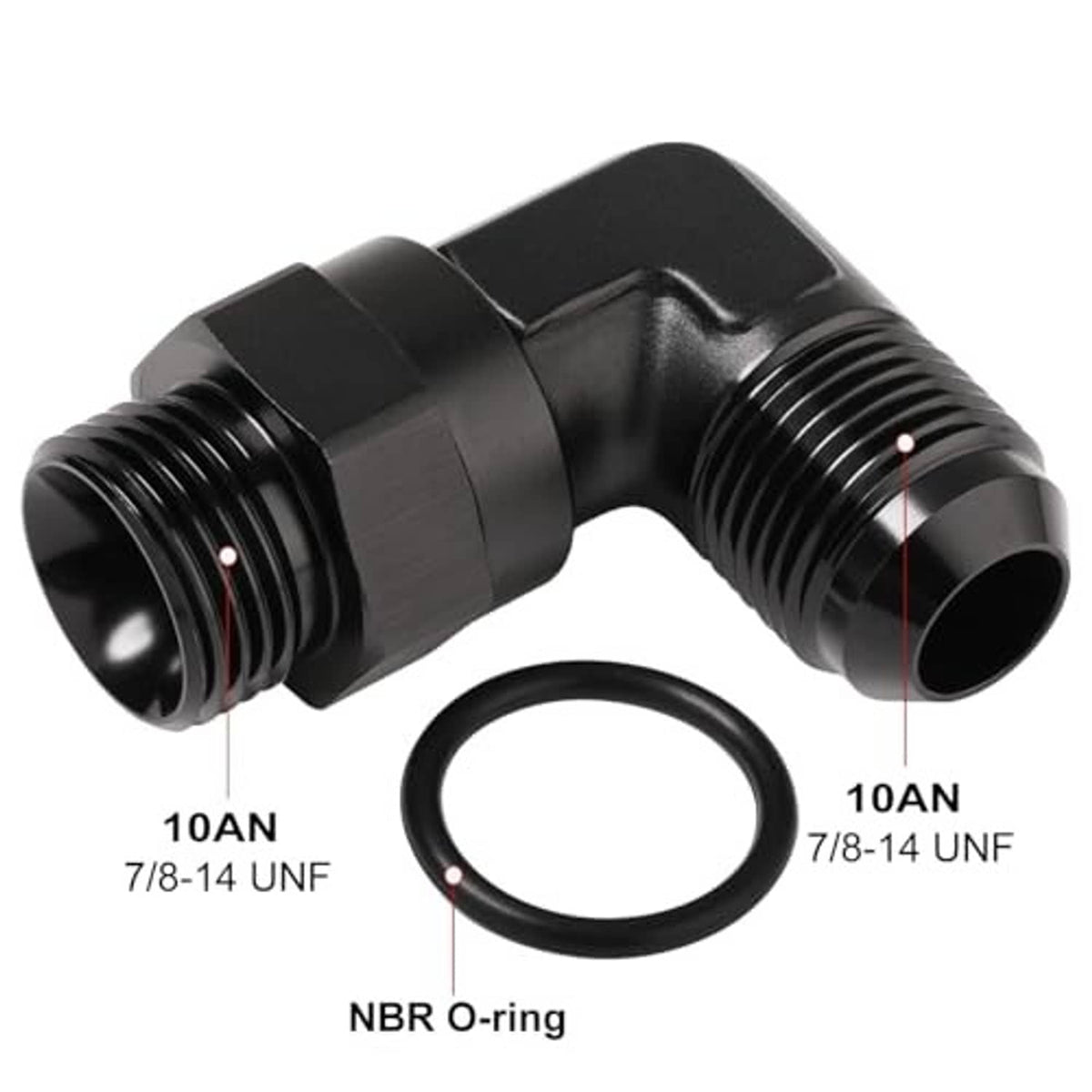 Black 90-degree AN ORB elbow fitting with NBR O-ring, two male threaded ports