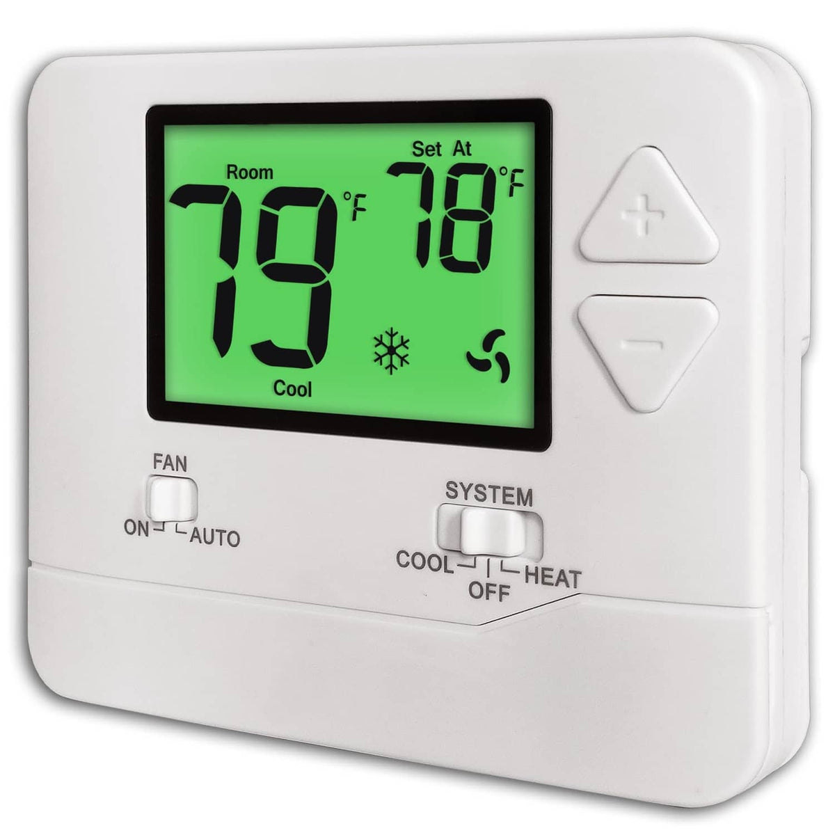 Non-programmable thermostat with green backlit display and plus/minus control buttons