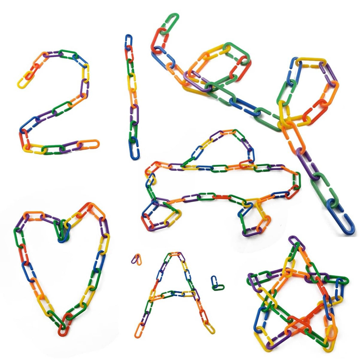 Multicolored plastic C-clips linked into chain shapes