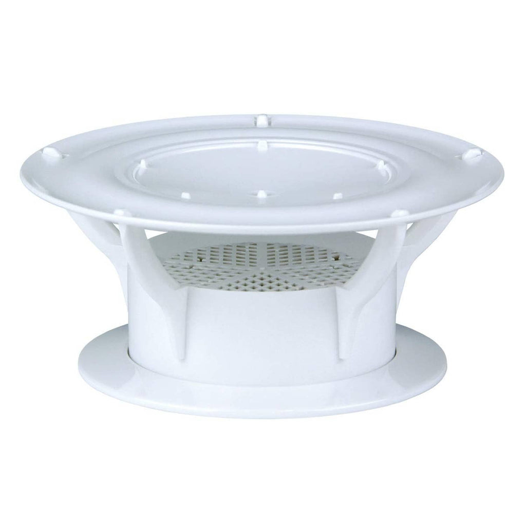 White RV roof vent cap with circular top and side vent grille