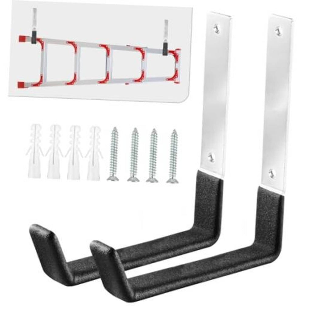 Set of two black U-shaped garage wall hooks with mounting plates and screws