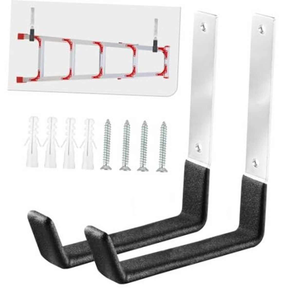 Set of two black U-shaped garage wall hooks with mounting plates and screws