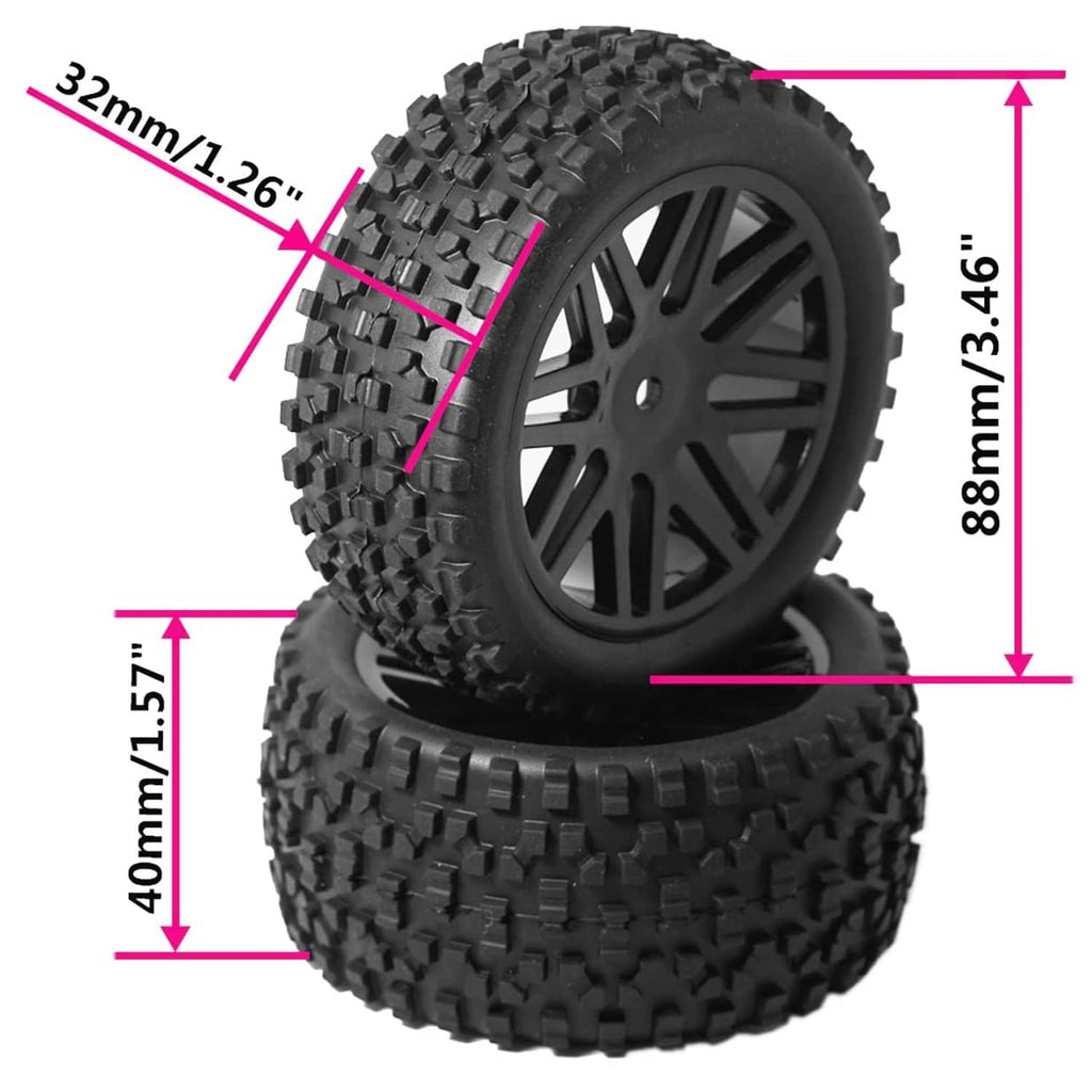 Black RC wheel with knobby tire tread and multi-spoke rim; size marked