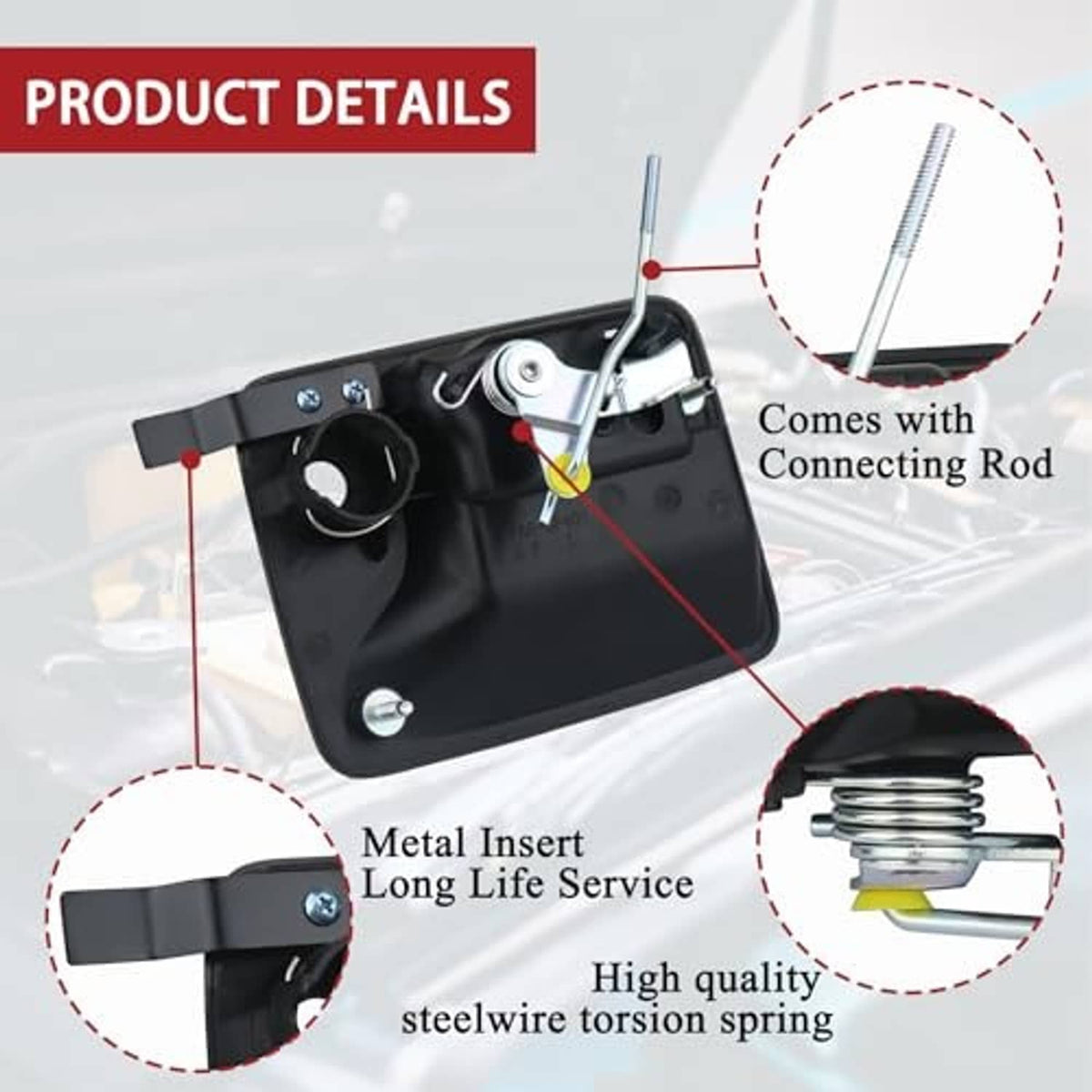 Exterior door handle component showing metal insert and steel wire return spring